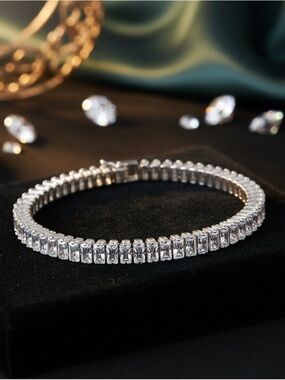 Clear Baguette Crystal Tennis Bracelet - Silver Tone​